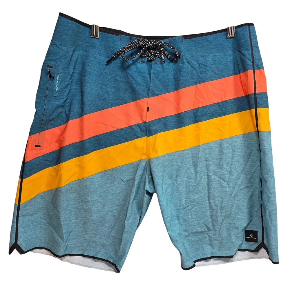 Rip Curl Mirage Mens 34 Board Shorts Teal Blue Orange Yellow Striped Surf Grip‎